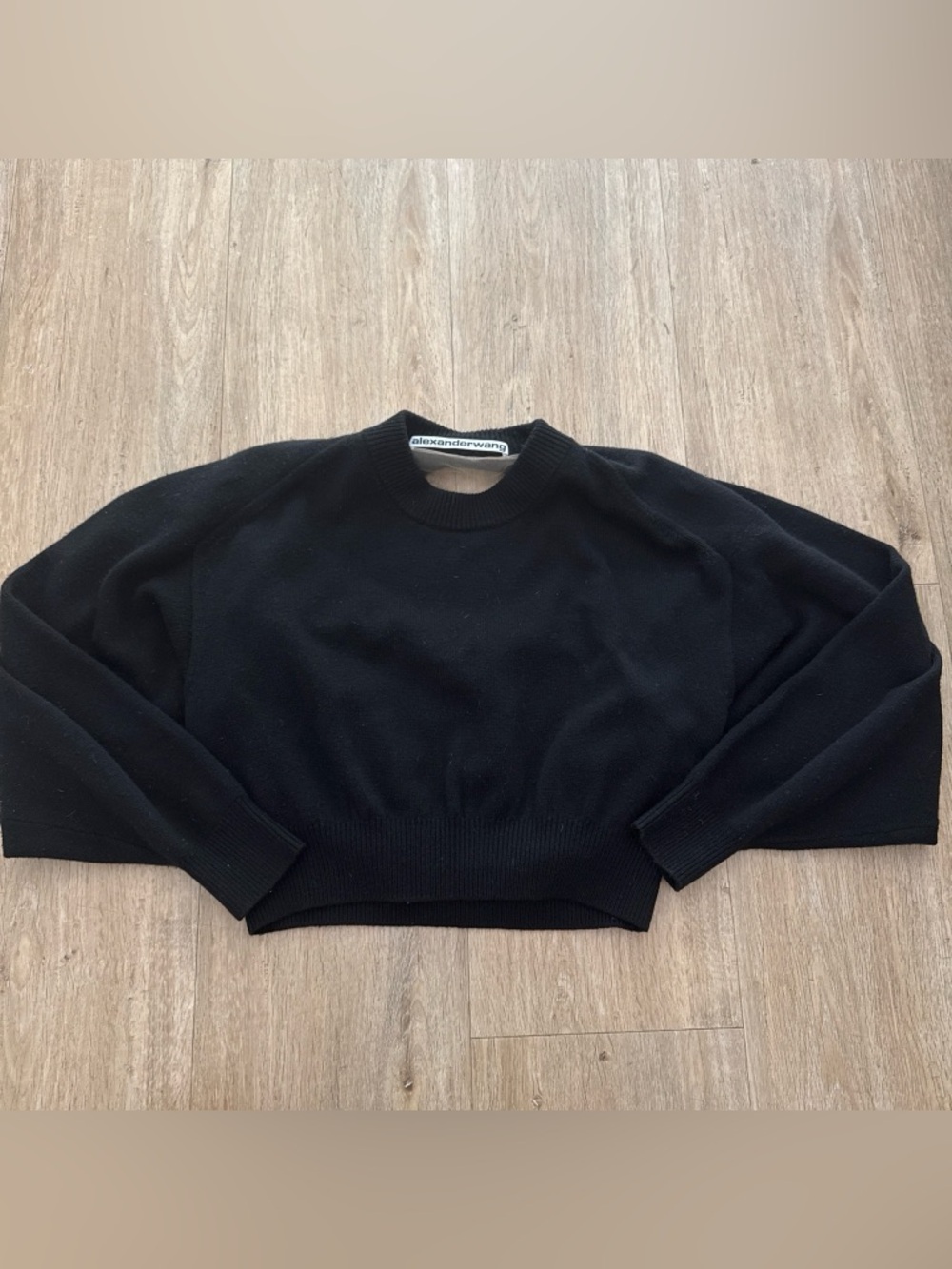 Alexander Wang Black Cropped Crewneck Sweater with Mesh Back Detail Small